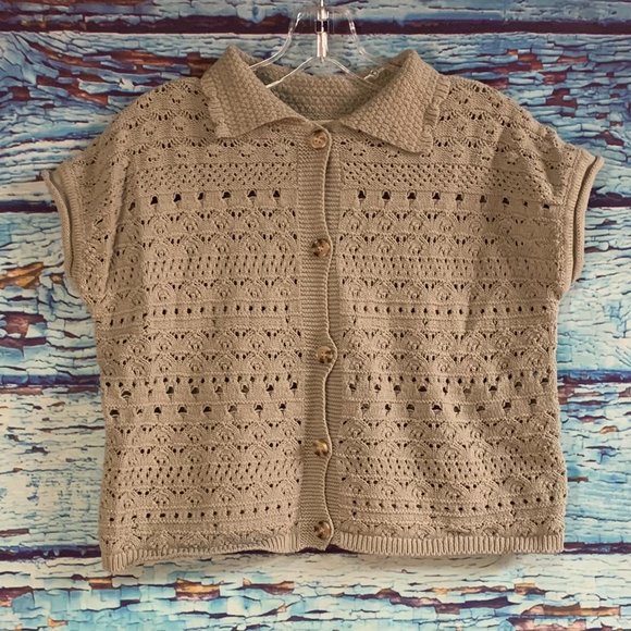 Jessica Simpson Crochet Button Up Short Sleeved Blouse - Picture 1 of 6
